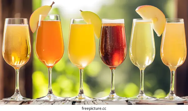 Six Glasses of Apple Cider With Apple Slices