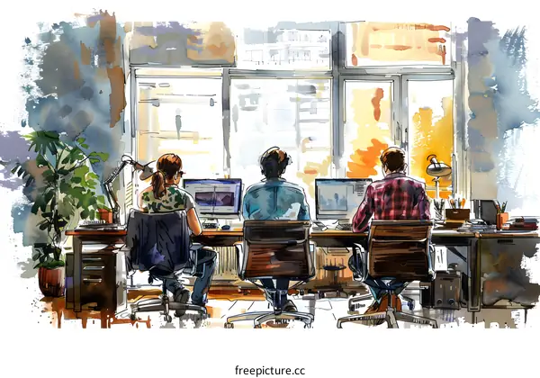 Three people working on computers in an office