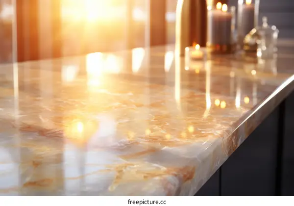 Close-up of a kitchen countertop made of marble with a shiny surface reflecting the light