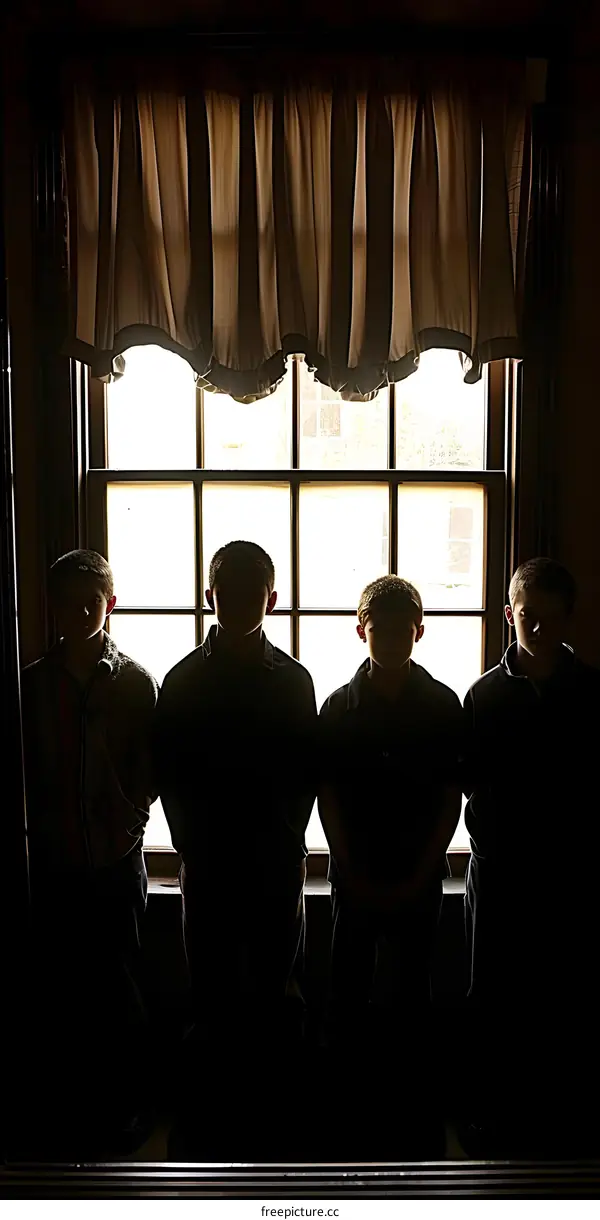 Silhouettes of Four Boys Looking Out Window
