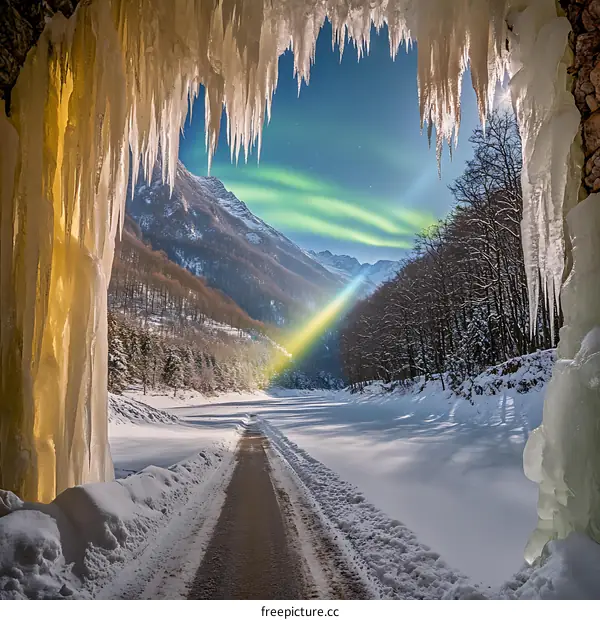 Aurora Borealis View Through Ice Cave