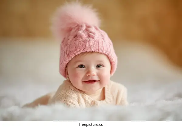 Adorable Baby Girl in Pink Knitted Hat