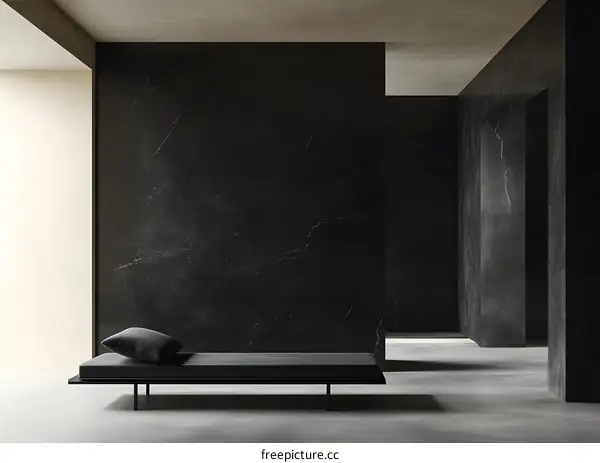 Minimalist Interior Design with Black Marble Walls and a Long Bench