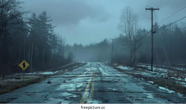 Desolate Road with Dense Fog and Surrounding Forest