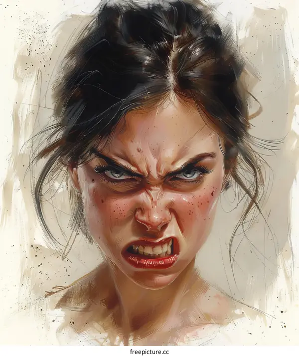 An angry woman with brown hair and red lips is looking at the camera with her eyebrows furrowed and her mouth open in a snarl.