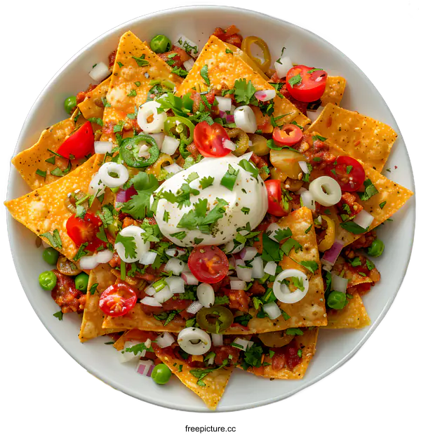 [Transparent Background PNG]Nacho chips with minced meat, jalapeno, onion, tomato and sour cream