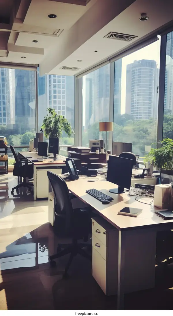 Modern office interior with large windows and city view