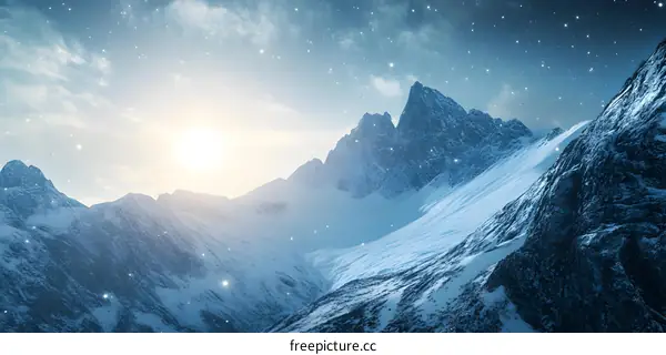 Snowy Mountain Landscape With Blue Sky And Stars