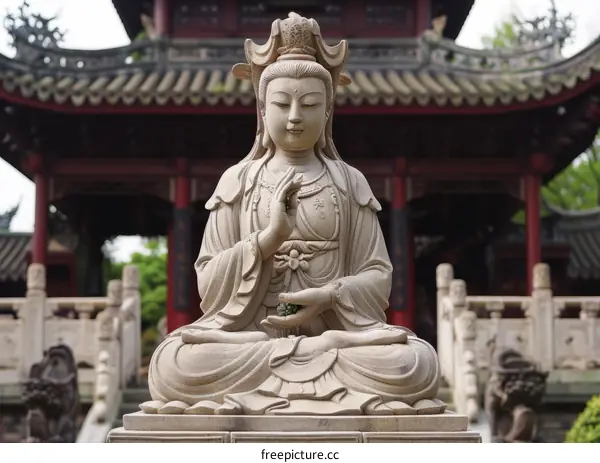 A stone statue of a bodhisattva sits in a temple.