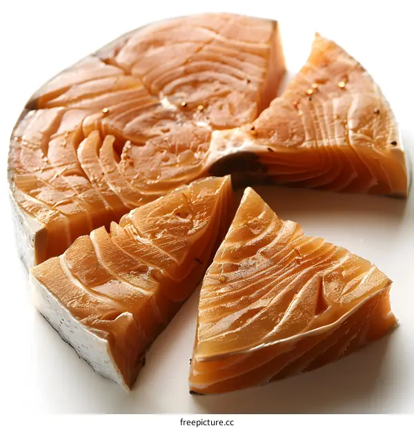 Close-up of a round salmon steak cut into 5 slices