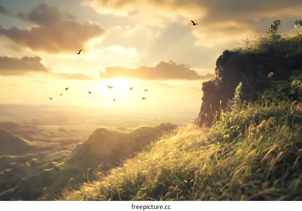 Sunset Over Mountain Range With Birds Flying