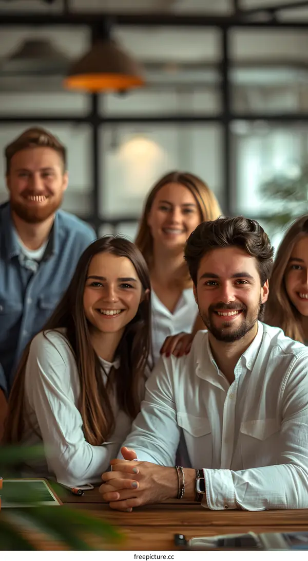 Portrait of a group of young professionals smiling and posing in an office