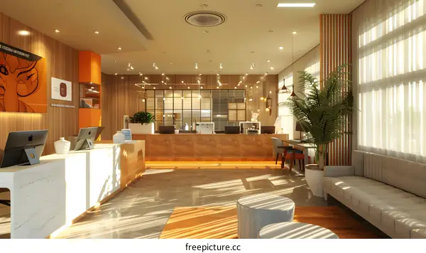 Modern office interior with wooden furniture and large windows