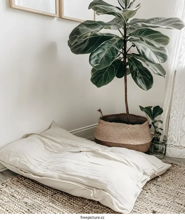 Large Green Fiddle Leaf Fig Plant in a Woven Basket in a Minimalist Home