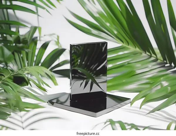 Black Reflective Surface With Palm Leaves