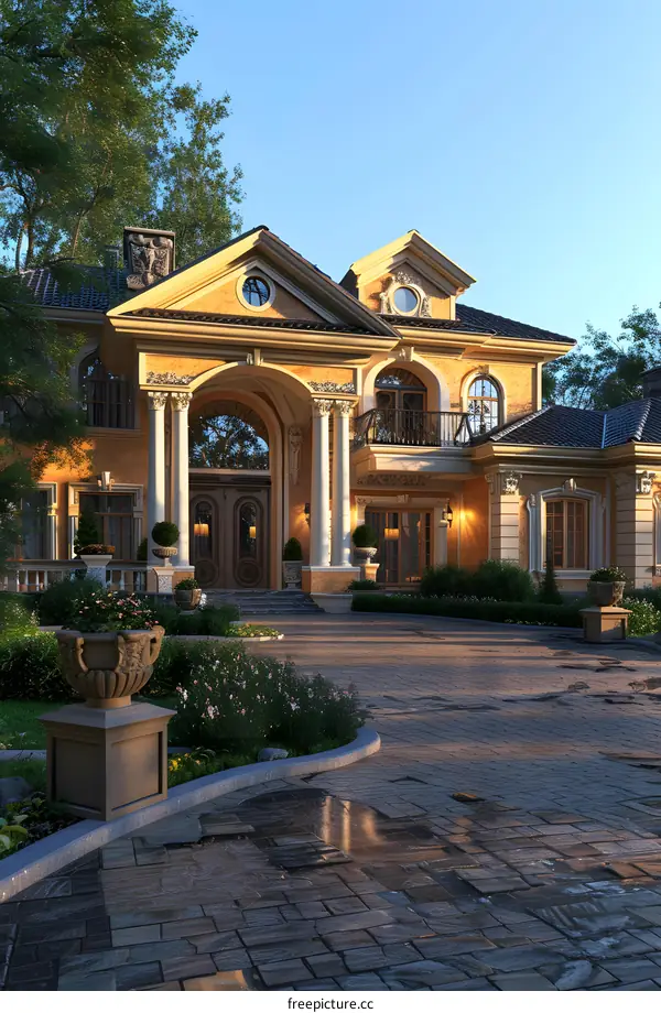 Luxury Mansion Exterior With Columns and Stone Path