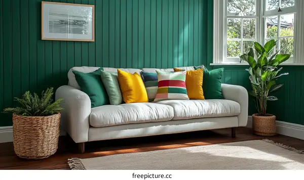Cozy Living Room with Teal Walls and Colorful Cushions