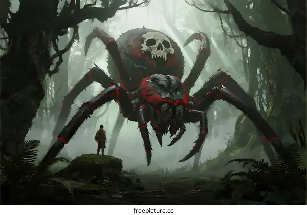 Giant Spider with Skull-like Markings in Mysterious Forest Setting