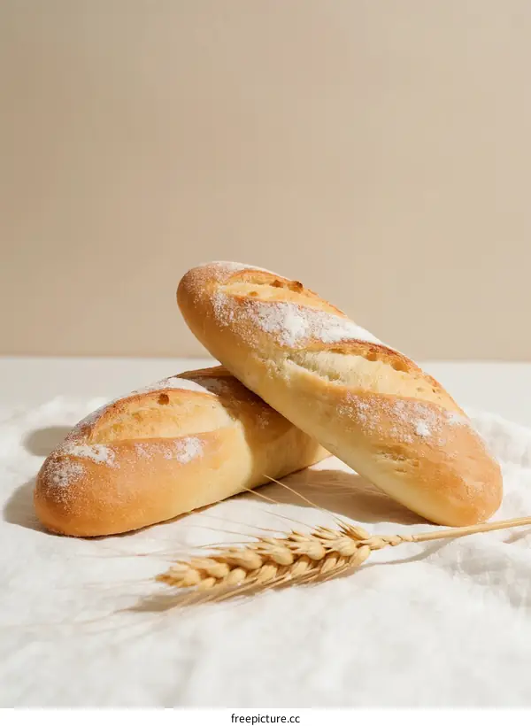 Freshly baked baguettes with wheat ears on white cloth