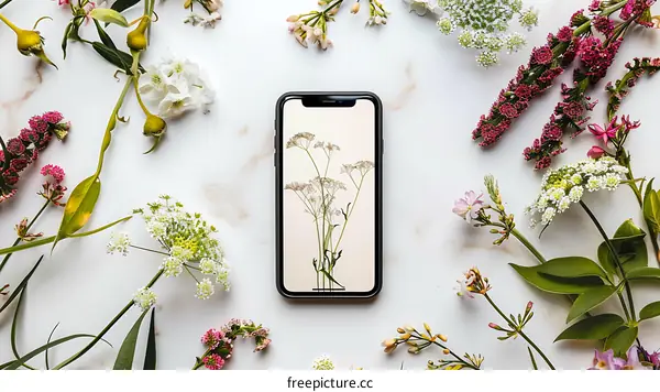 Flowers Surrounding A Smartphone With Flower Wallpaper