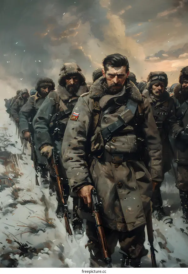 A group of soldiers in winter gear marching through a snowy forest