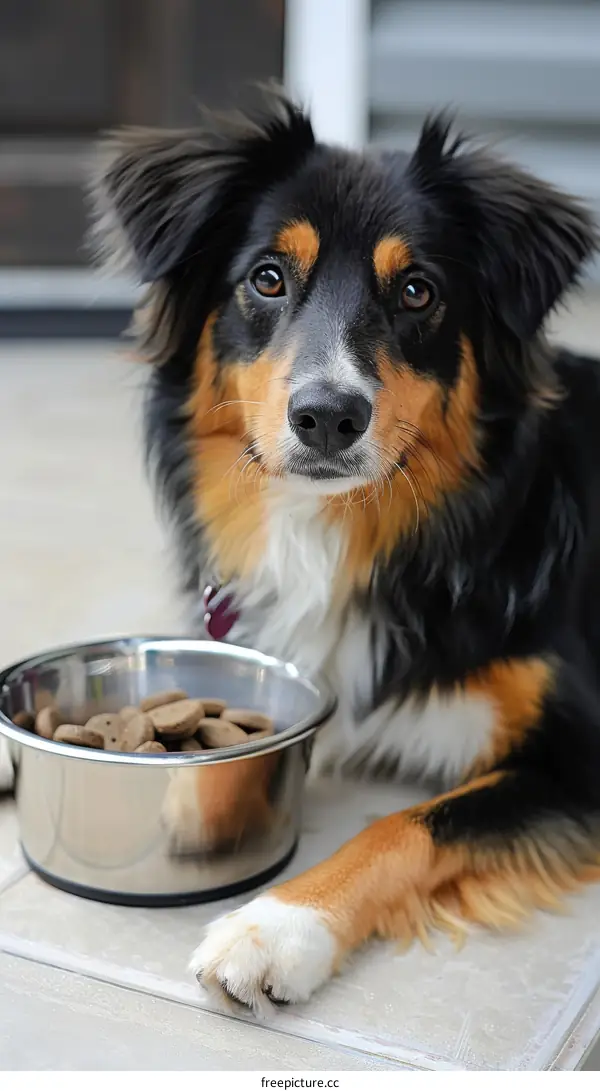 A cute dog is sitting in front of a bowl of food