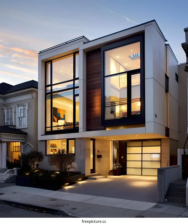 Modern House with Large Windows and Wooden Accents