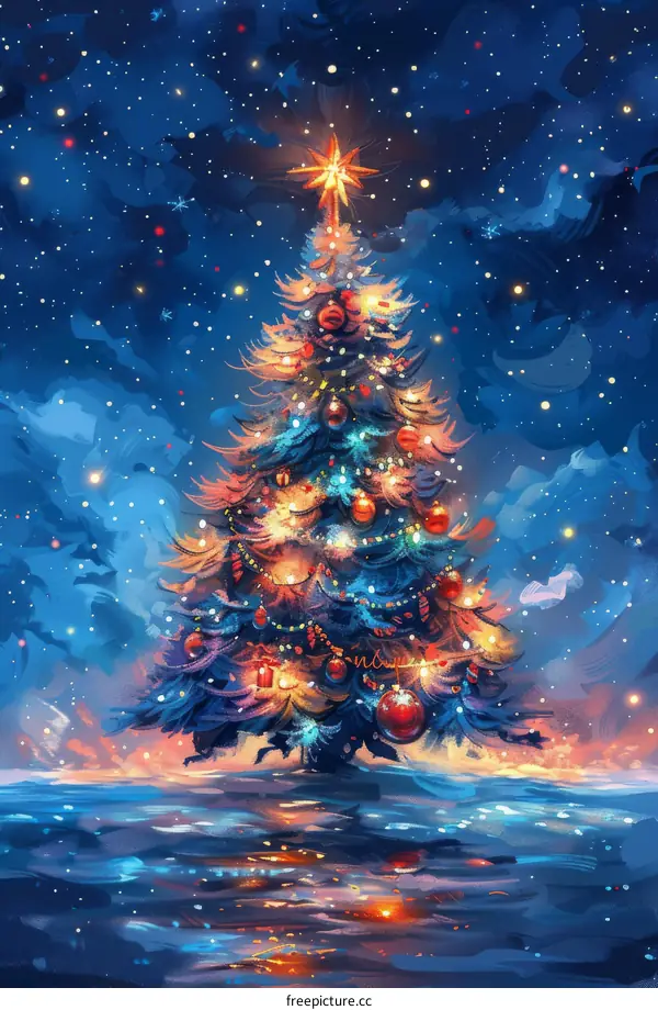 Christmas Tree Reflection in Snowy Lake at Night