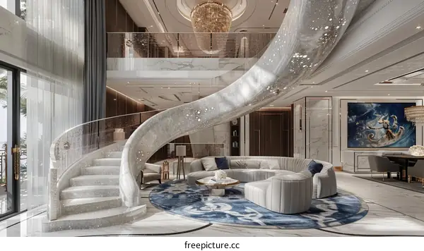 Modern luxury house interior design with spiral staircase