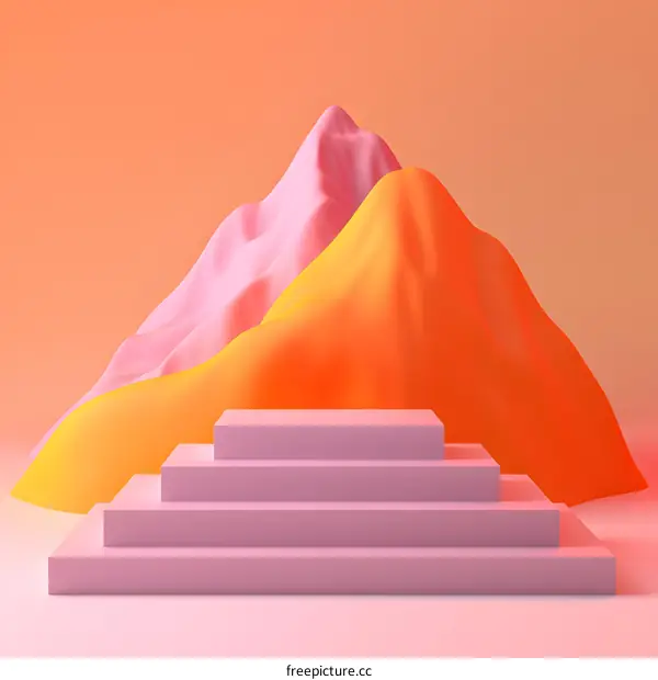 Abstract Minimalist 3D Rendered Pink and Orange Mountains with a Pink Platform