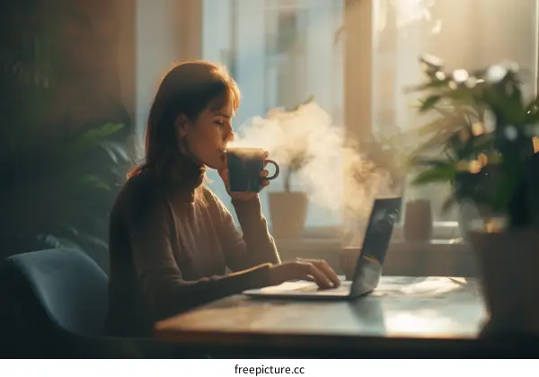 Young woman enjoying a cup of coffee while working on her laptop