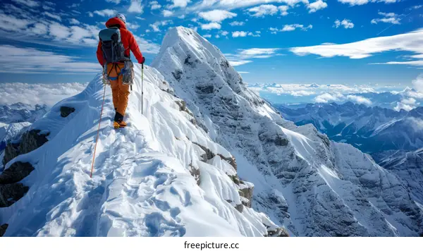 Mountaineer on a summit ridge with a view of the Canadian Rockies