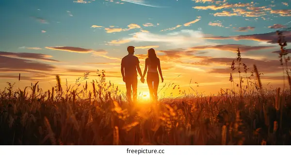 Silhouettes of Couple Walking in Field at Sunset