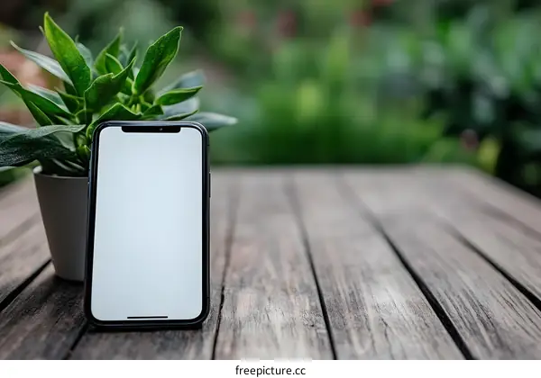 Blank Smartphone Screen On Wooden Table In Nature
