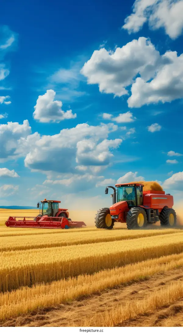 Red Tractors Harvesting Ripe Wheat Fields Under Blue Sky