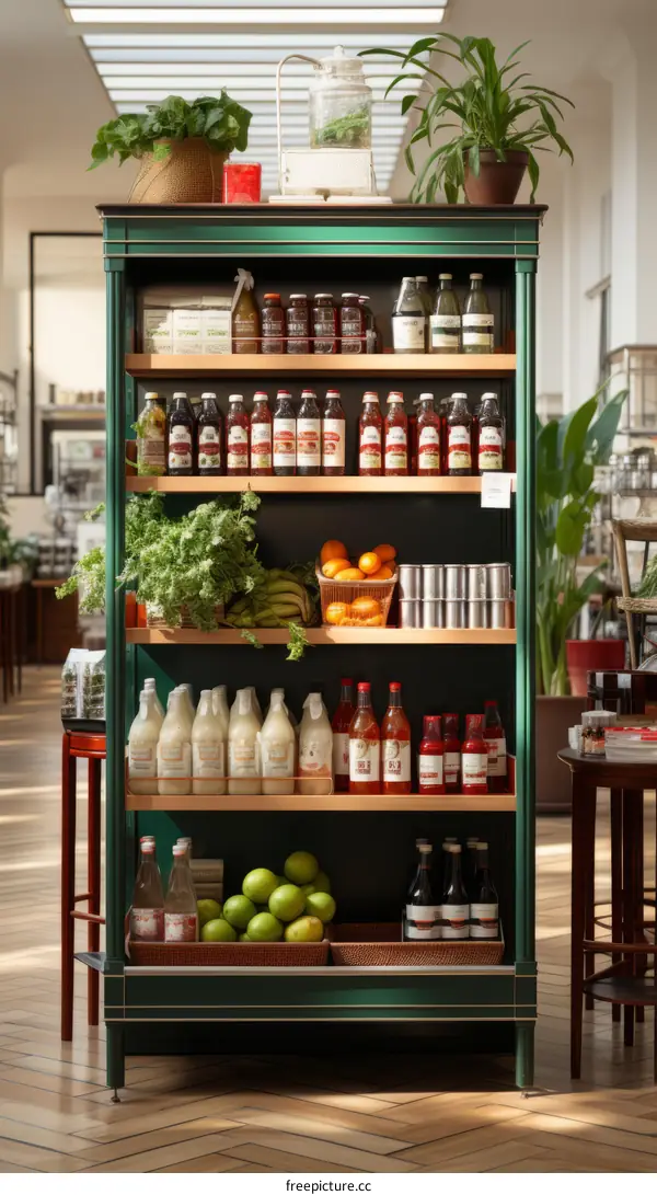 An illustration of a green wooden shelf filled with various food items.