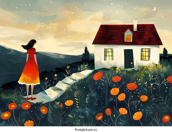 girl in red dress looking at house in distance