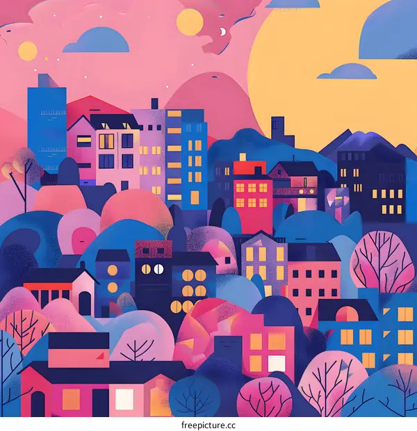 Colorful Cityscape with Buildings and Trees