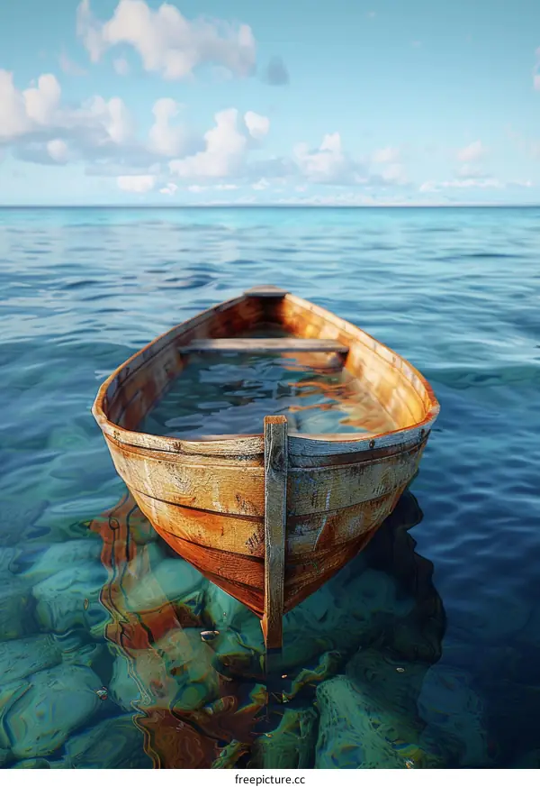 Wooden boat with water inside on the high seas
