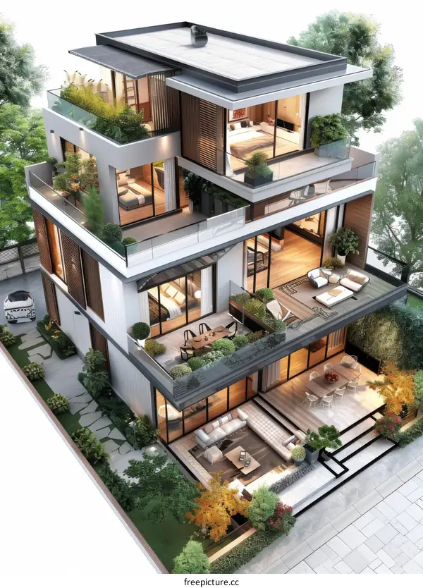 Modern Multi-Level House Design with Lush Landscaping