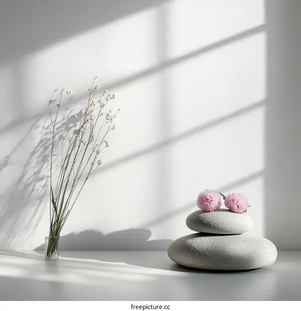 Simple Minimalist Still Life with Flowers and Stones