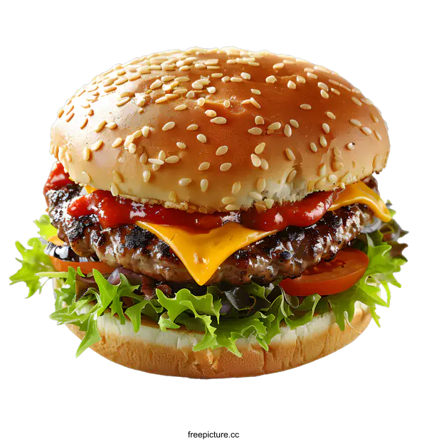 [Transparent Background PNG]A delicious cheeseburger with lettuce, tomato, and onion
