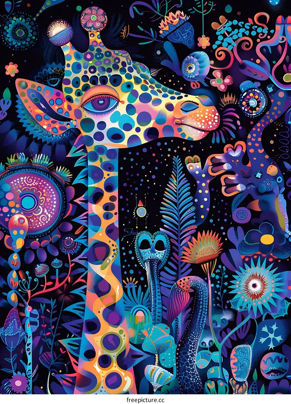 Giraffe with Psychedelic Floral Background