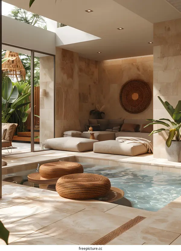 The sun shines through the floor-to-ceiling windows and reflects on the water in the pool, illuminating the room with a warm and inviting glow.
