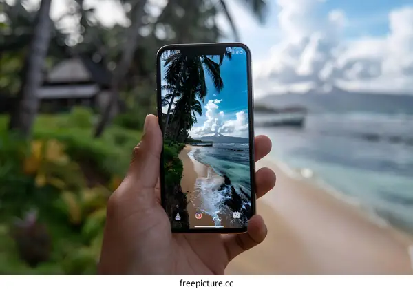 Hand Holding Smartphone with Tropical Beach Scene