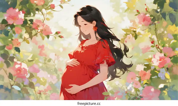 Pregnant woman in red dress standing among blooming flowers