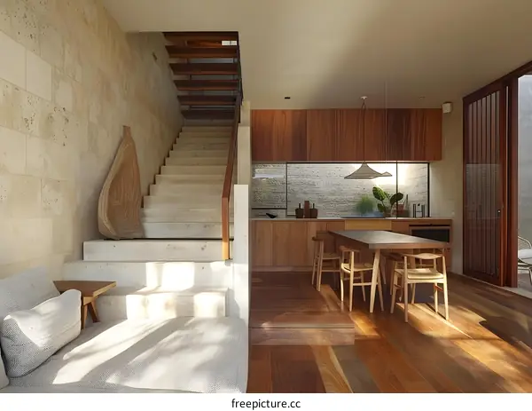 Modern Minimalist Home Interior Design With Wooden Staircase