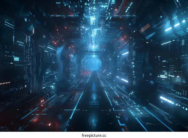 Futuristic spaceship interior with glowing blue lights
