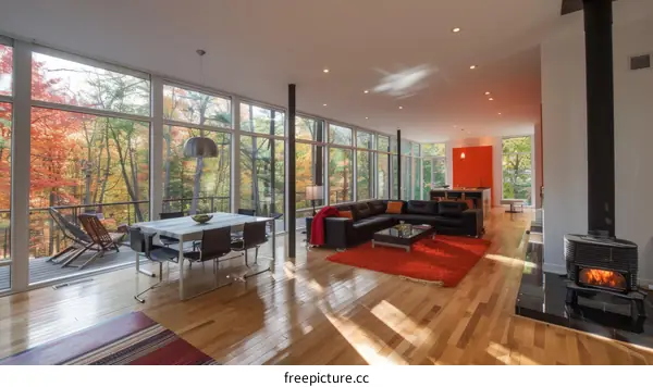 Modern house interior living room with large windows and view of forest
