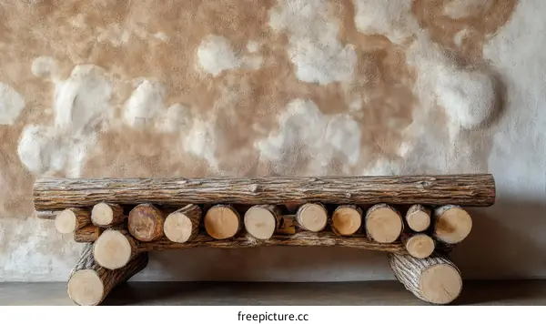 Rustic Wooden Log Bench Against a Textured Wall
